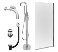FNX Bathrooms Chrome Wall Mounted Basin Mixer Tap, Freestanding Bath Shower Mixer And Unslotted Basin And Bath Waste And Edge Bath Screen