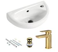 Fnx Bathrooms Compact Wall Hung Basin With Brushed Brass Mono Mixer & Slotted Waste Set