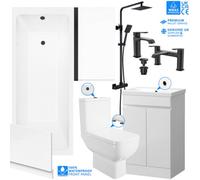 FNX Bathrooms Complete Matt Black Bathroom Suite With 1700mm Bath, 500mm Vanity Unit, Rimless Wc, Thermostatic Shower, Taps & Bath Screen