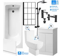 FNX Bathrooms Complete Matt Black Bathroom Suite With 1700mm Bath, 500mm Vanity Unit, Rimless Wc, Thermostatic Shower, Taps & Bath Screen