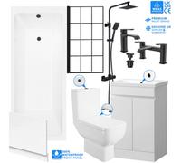 FNX Bathrooms Complete Matt Black Bathroom Suite With 1700mm Bath, 500mm Vanity Unit, Rimless Wc, Thermostatic Shower, Taps & Bath Screen