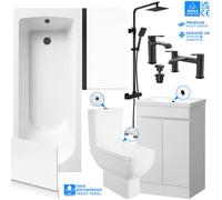 FNX Bathrooms Complete Matt Black Bathroom Suite With 1700mm Bath, 500mm Vanity Unit, Rimless Wc, Thermostatic Shower, Taps & Bath Screen