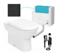 FNX Bathrooms D Shape Back To Wall Toilet Pan Soft Close Seat & Wras Concealed Cistern Set - Bottom Entry - Matt Black Square Button