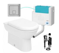 FNX Bathrooms D Shape Back To Wall Toilet Pan Soft Close Seat & Wras Concealed Cistern Set - Side Entry - Chrome Square Button