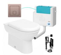 FNX Bathrooms D Shape Back To Wall Toilet Pan Soft Close Seat & Wras Concealed Cistern Set - Side Entry - Brushed Bronze Square Button