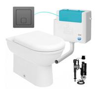 FNX Bathrooms D Shape Back To Wall Toilet Pan Soft Close Seat & Wras Concealed Cistern Set - Side Entry - Gunmetal Square Button