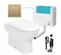 FNX Bathrooms D Shape Back To Wall Toilet Pan Soft Close Seat & Wras Concealed Cistern Set - Side Entry - Brushed Brass Square Button