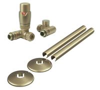 FNX Bathrooms Dual Fuel Thermostatic Radiator Valve Set, Corner, Brushed Brass, 1/2" X 15mm, Includes Pipe Covers & Collars