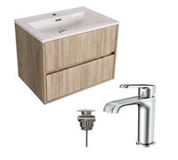 FNX Bathrooms Fluted Square 600 Vanity Unit 4 Piece Set - Oak Wall Mounted Cabinet, Matte White Basin, Chrome Tap & Waste