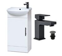 FNX Bathrooms Gloss White 400mm Semi Reccessed Vanity Basin Sink Unit & Matt Black Form Tap, Waste & Black Handle