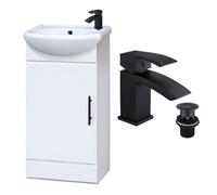 FNX Bathrooms Gloss White 400mm Semi Reccessed Vanity Basin Sink Unit & Matt Black Lucia Waterfall Tap, Waste & Black Handle