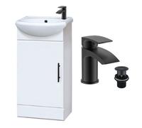 FNX Bathrooms Gloss White 420mm Compact Freestanding Vanity Unit With Basin & Matt Black Waterfall Tap & Waste