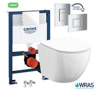 FNX Bathrooms Grohe 0.82M Low Height Concealed Frame & Bubly Rimless D-Shape Wall Hung Toilet Set With Soft Close Seat
