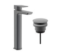FNX Bathrooms Gunmetal High Riser Basin Mixer Tap & Universal Basin Waste Set - Muro Tall Mono, Brushed Finish