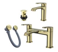 FNX Bathrooms Lunaris Brushed Brass Bath & Basin Tap Set With Wastes, Contemporary Dual Control Bath Filler & Mono Mixer