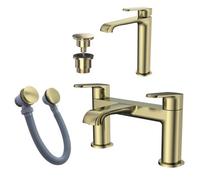 FNX Bathrooms Lunaris Brushed Brass Bath & Basin Tap Set With Wastes, Modern Bath Filler & Tall Mono Mixer