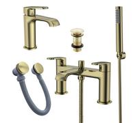 FNX Bathrooms Lunaris Brushed Brass Bath Shower Mixer & Mini Basin Mixer Tap Set With Matching Wastes