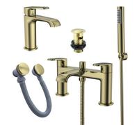 FNX Bathrooms Lunaris Brushed Brass Bath Shower Mixer & Mini Mono Basin Tap Set With Matching Wastes, Modern Diy Bathroom Kit