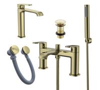FNX Bathrooms Lunaris Brushed Brass Bathroom Tap Pack: Bath Shower Mixer, Tall Basin Mono Mixer & Matching Wastes