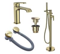 FNX Bathrooms Lunaris Brushed Brass Bathroom Tap & Waste Set - Freestanding Bath Mixer & Mono Basin Tap