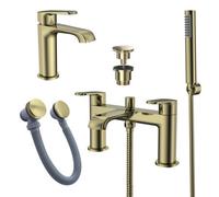 FNX Bathrooms Lunaris Brushed Brass Complete Bathroom Tap Set: Bath Shower Mixer, Mono Basin Tap & Wastes