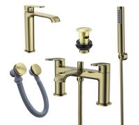 FNX Bathrooms Lunaris Brushed Brass Complete Bathroom Tap Set: Bath Shower Mixer, Tall Basin Mixer & Wastes