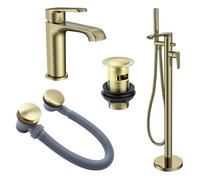 FNX Bathrooms Lunaris Brushed Brass Complete Bathroom Tap Set: Freestanding Bath Mixer, Basin Tap & Wastes