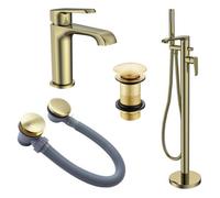 FNX Bathrooms Lunaris Brushed Brass Freestanding Bath Shower & Mono Basin Mixer Tap Set With Matching Wastes