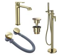 FNX Bathrooms Lunaris Brushed Brass Freestanding Bath & Tall Basin Mixer Tap Set With Matching Wastes