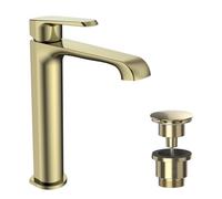 Fnx Bathrooms Lunaris Brushed Brass Tall Mono Basin Mixer Tap With Universal Basin Waste - Deck Mounted