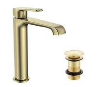 FNX Bathrooms Lunaris Brushed Brass Tall Mono Basin Mixer Tap With Unslotted Waste - Deck Mounted