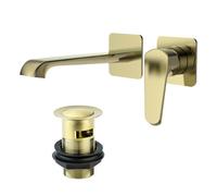 FNX Bathrooms Lunaris Brushed Brass Wall-Mounted Basin Filler Mixer Tap & Slotted Basin Waste For Overflow Basins
