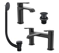 FNX Bathrooms Lunaris Matt Black Bath Filler & Mini Mono Basin Mixer Tap Set With Matching Wastes, Modern & Durable