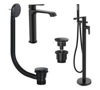 FNX Bathrooms Lunaris Matt Black Freestanding Bath Shower Mixer & Tall Basin Tap Set With Wastes