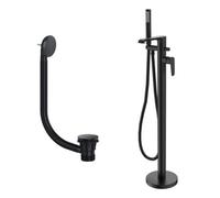 Fnx Bathrooms Lunaris Matt Black Freestanding Bath Shower Mixer Tap With Handset & Matching Waste
