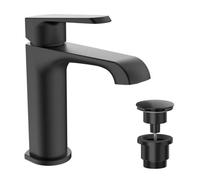 FNX Bathrooms Lunaris Matt Black Mono Basin Mixer Tap With Universal Waste - Deck Mounted - Space-Saving