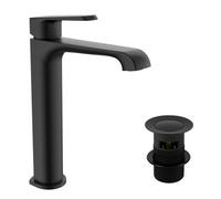 FNX Bathrooms Lunaris Matt Black Tall Basin Mixer Tap With Slotted Waste - Deck Mounted For Modern Bathrooms