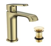 Fnx Bathrooms Lunaris Modern Brushed Brass Mono Basin Mixer Tap & Unslotted Waste