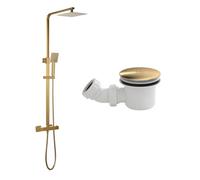 FNX Bathrooms Luxury Brushed Brass Thermostatic Mixer Shower Kit With Rigid Riser & 90mm Waste