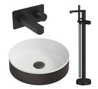 FNX Bathrooms Luxury Matte Black Bathroom Set: Fluted Countertop Basin, Wall-Mounted Mixer Tap & Freestanding Bath Filler With Waste