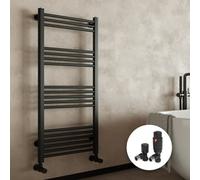 FNX Bathrooms Matt Black 500X1200 Heated Towel Rail Radiator With Angled Thermostatic Valves