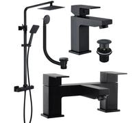 FNX Bathrooms Matt Black Bathroom Suite: Square Thermostatic Shower Kit, Form Basin Tap, Bath Filler & Pop-Up Waste
