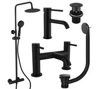 FNX Bathrooms Matt Black Round Thermostatic Overhead Shower Kit With Peg Basin Tap, Bath Filler, And Pop Up Bath Waste