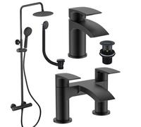FNX Bathrooms Matt Black Round Thermostatic Overhead Shower Kit With Sleek Basin Tap, Waterfall Bath Filler, And Pop Up Bath Waste
