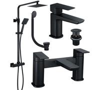 FNX Bathrooms Matt Black Square Thermostatic Overhead Shower Kit With Hd Basin Tap And Pop Up Bath Waste