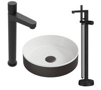 FNX Bathrooms Matte Black Fluted Countertop Basin Bathroom Set With Tall Mixer Tap & Freestanding Bath Shower Mixer