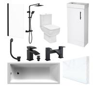 FNX Bathrooms Modern Bathroom Suite: 1700mm Bath, Close Coupled Wc, Gloss White Vanity Unit, Black Shower & Waterfall Taps
