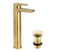 FNX Bathrooms Modern Curve Brushed Brass Basin Tall Mono Mixer Tap With Full Cover Unslotted Waste