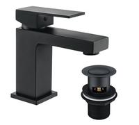 FNX Bathrooms Modern Matt Black Square Bathroom Basin Sink Mono Mixer Tap With Waste - Solid Brass Deck Mounted