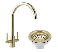 FNX Bathrooms Newbury Brushed Brass Dual Lever Kitchen Sink Mixer & Basket Strainer Waste (No Overflow)